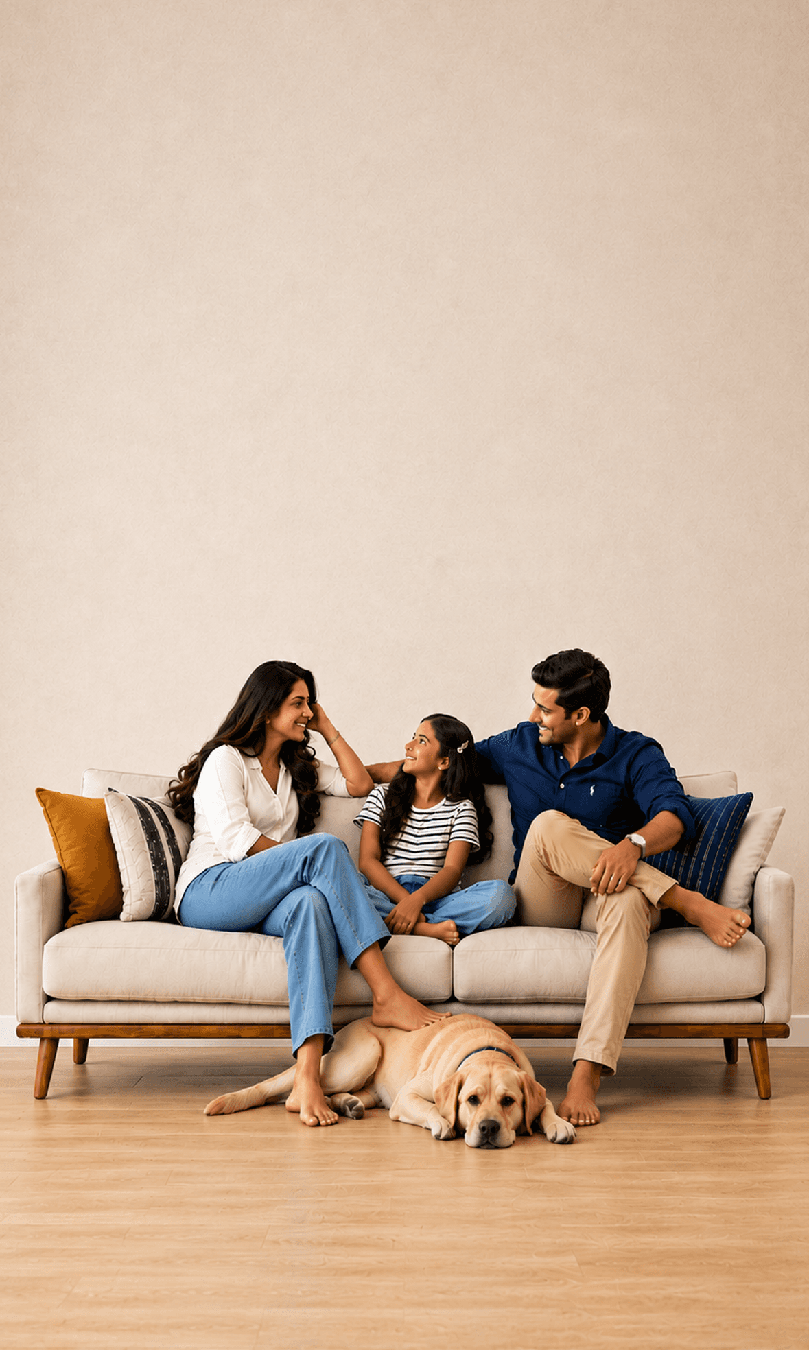 A family relaxing together on a couch at home with their dog