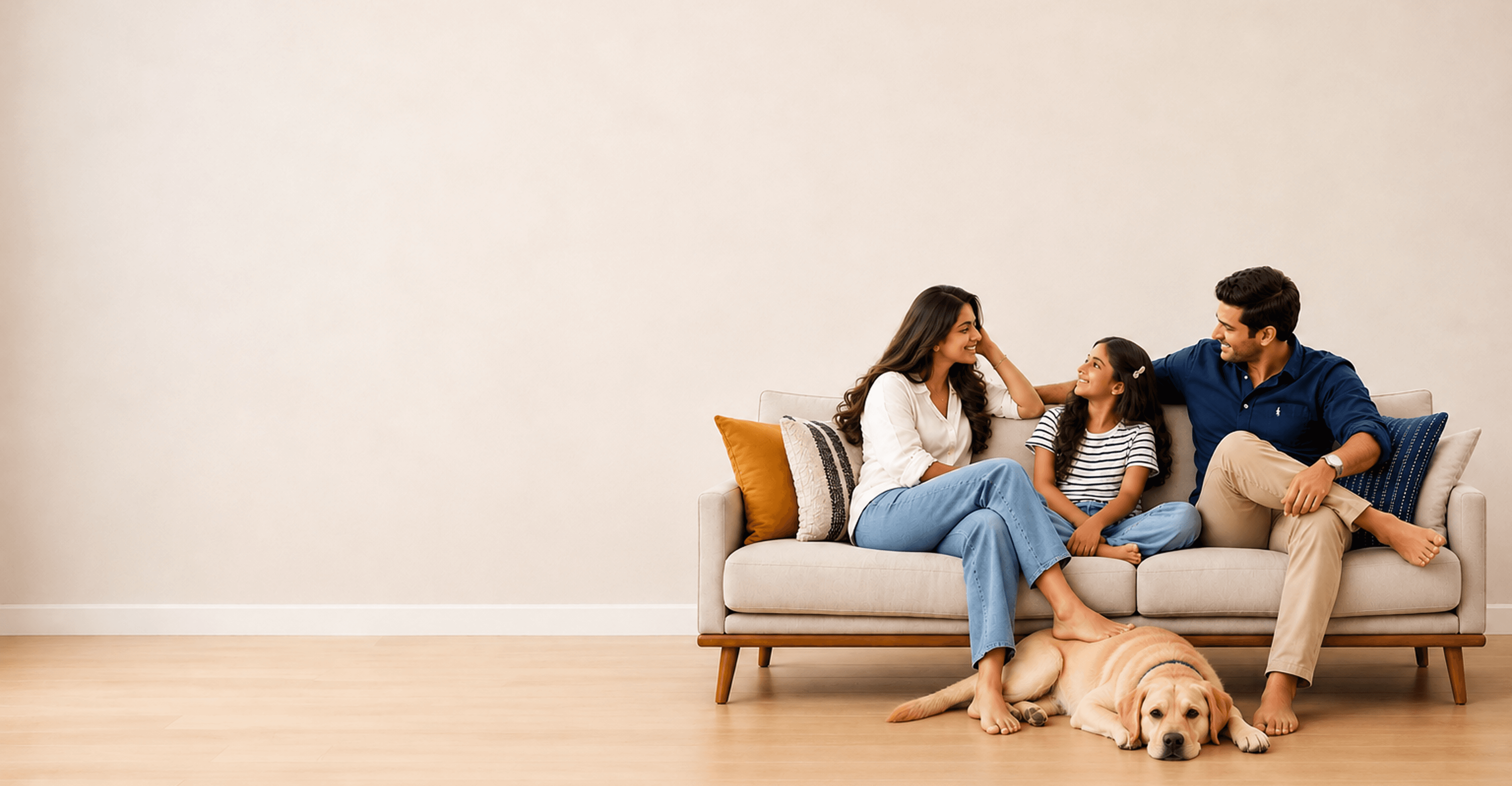 A family relaxing together on a couch at home with their dog
