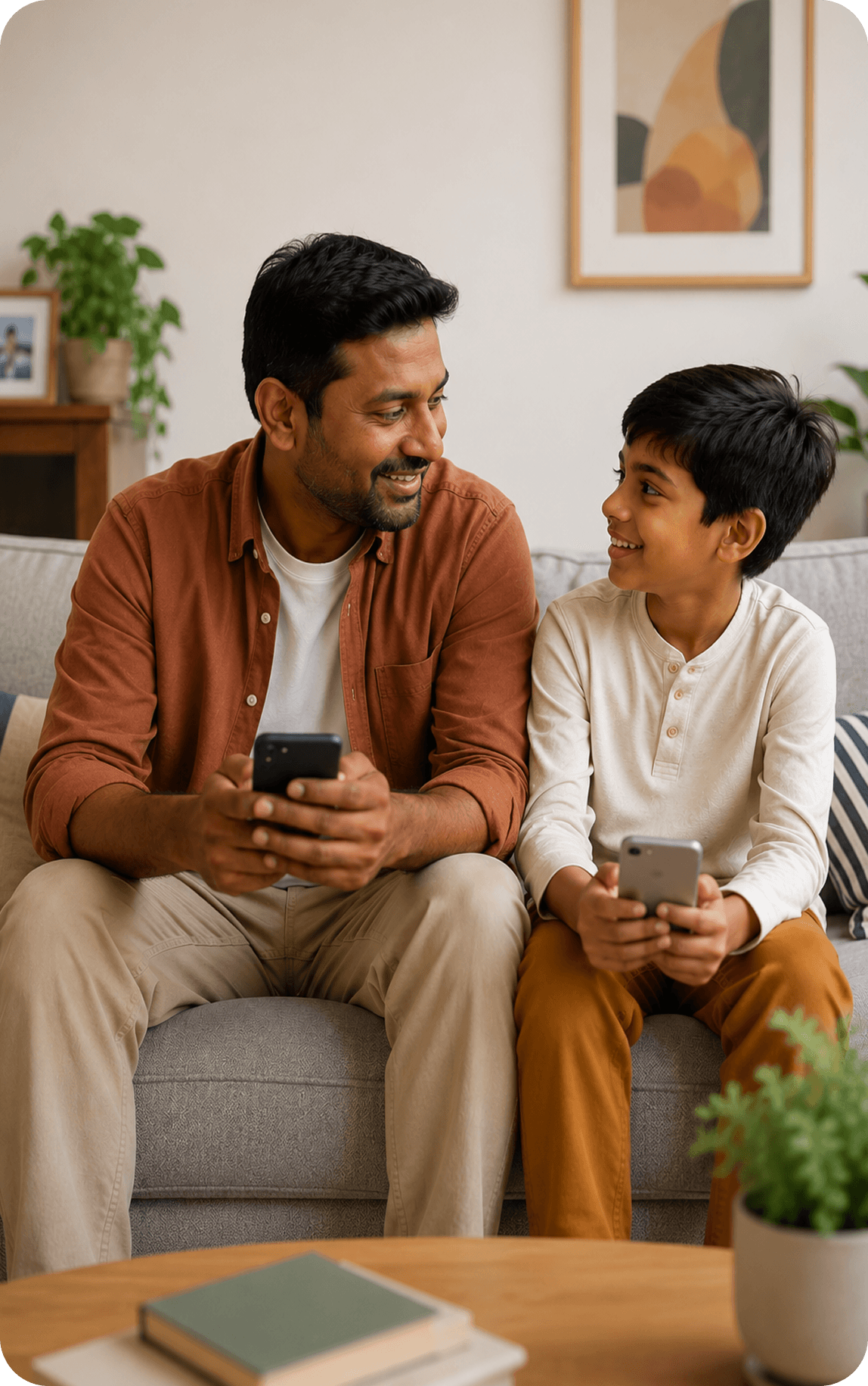 A father and son on a sofa, each holding a phone and talking