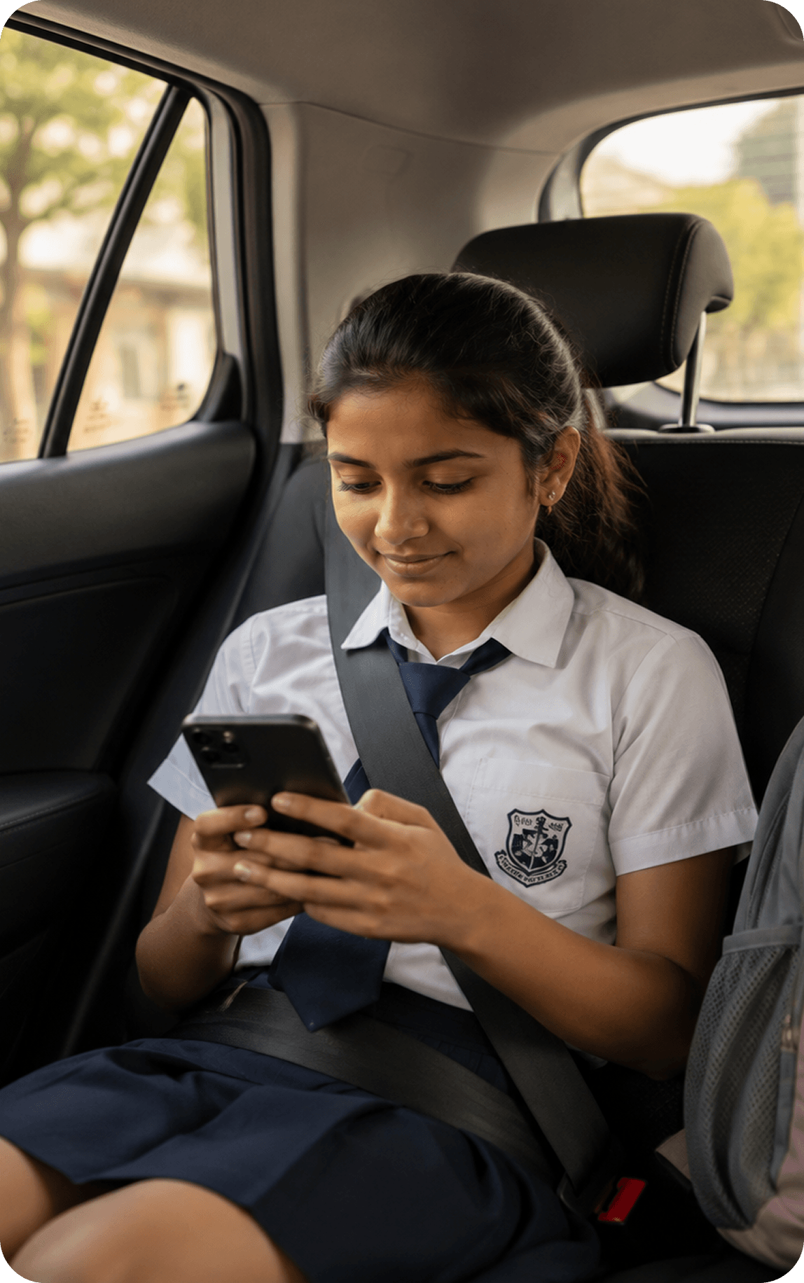 A girl in school uniform using her phone in the back seat of a car