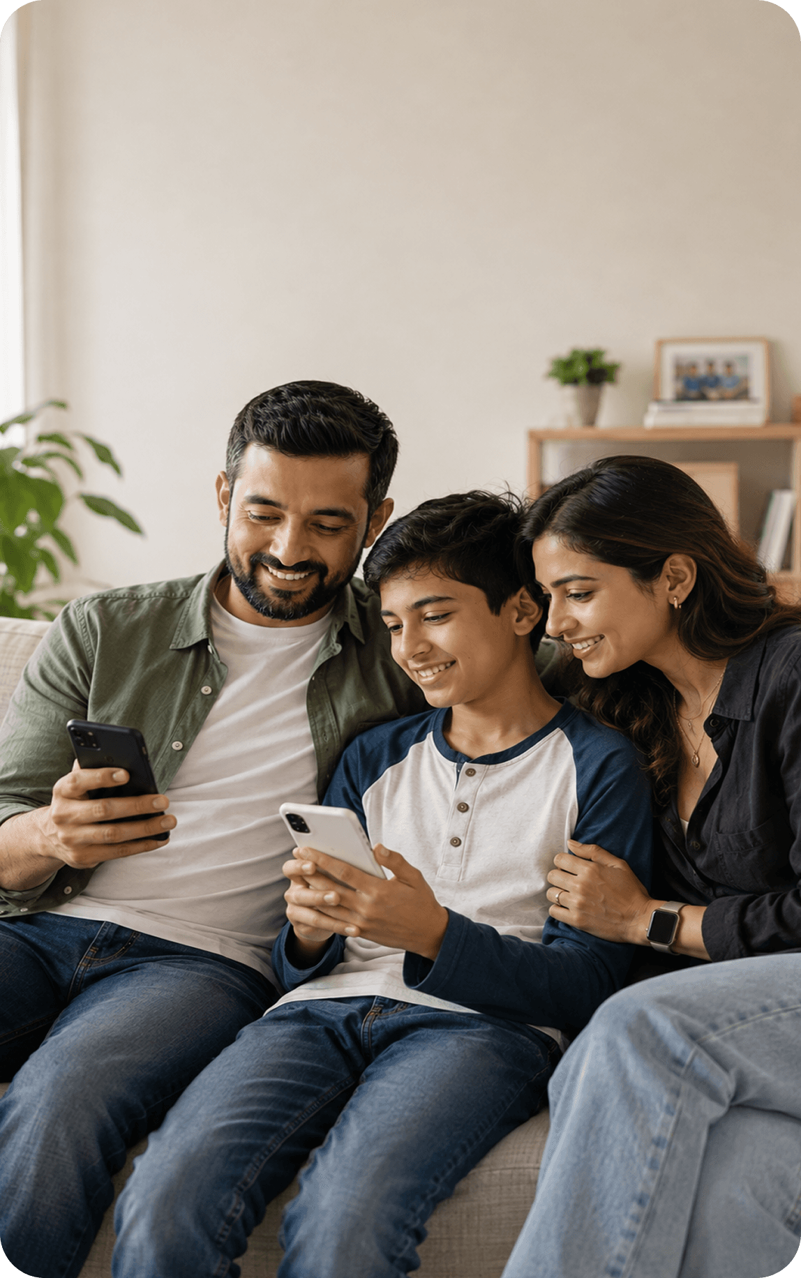 Two parents and their son on a sofa, looking at a phone together