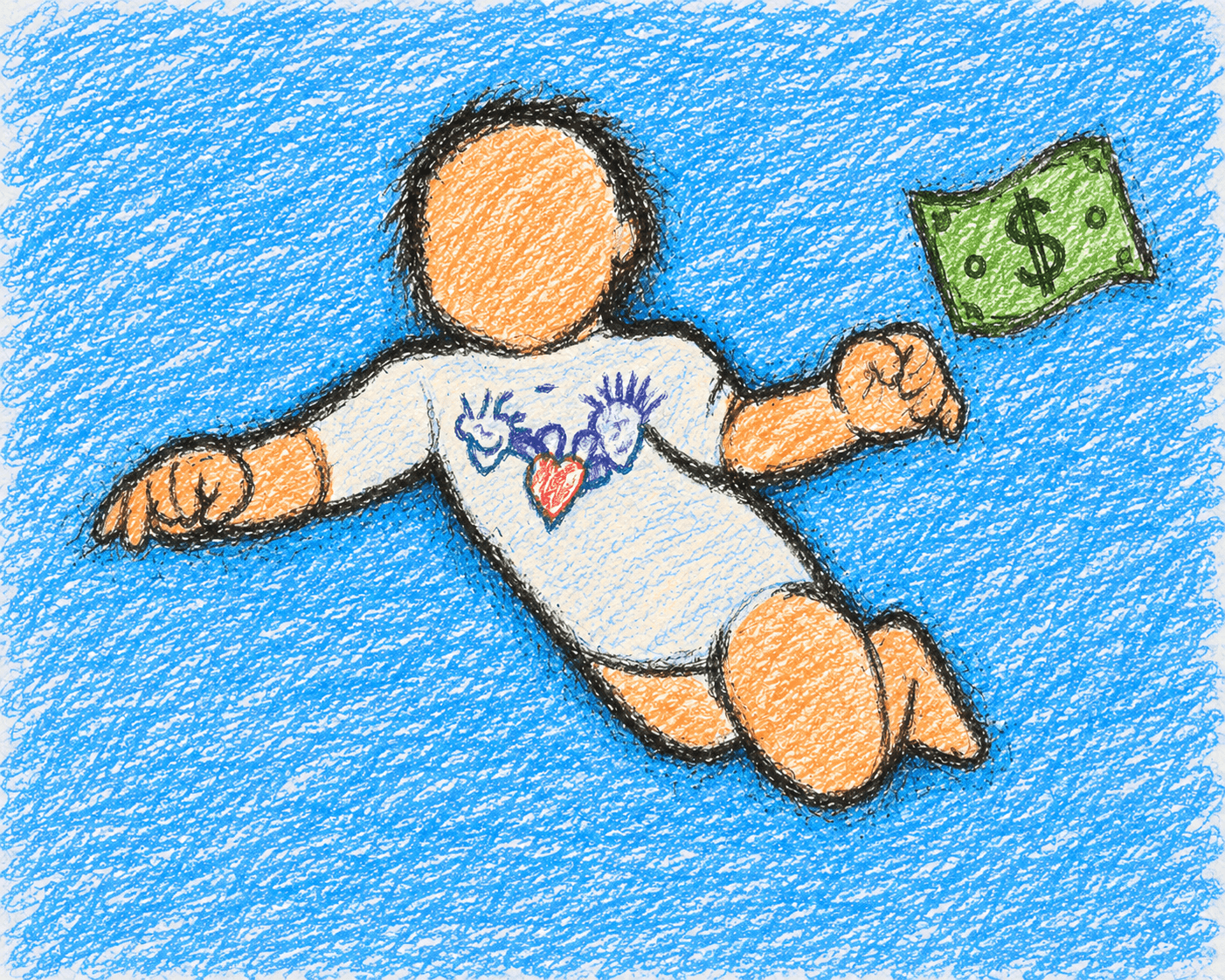 Crayon drawing of a baby swimming underwater after a dollar bill, echoing Nirvana's Nevermind cover