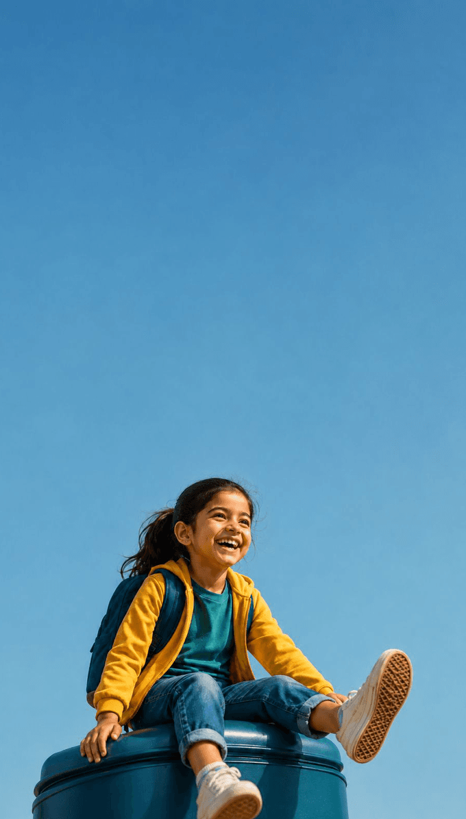 A girl in a backpack sitting high up, laughing, against an open sky