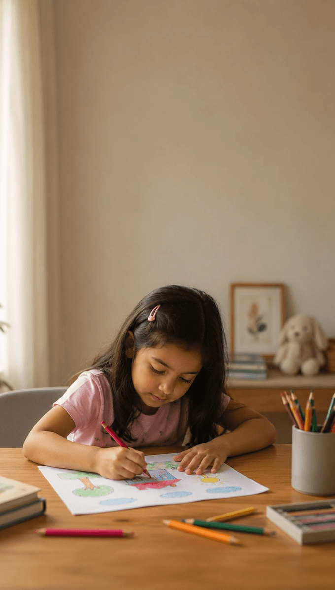 A girl colouring a drawing of a house at a table