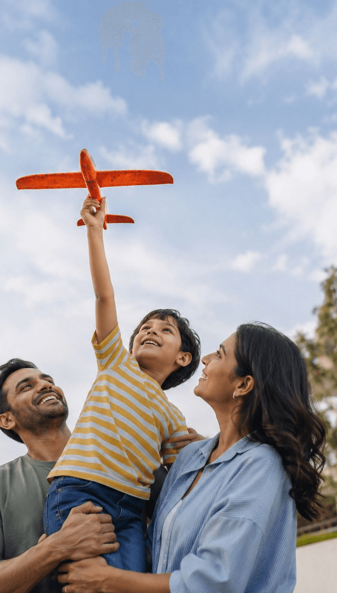 A boy held up by his parents, flying a toy plane above his head