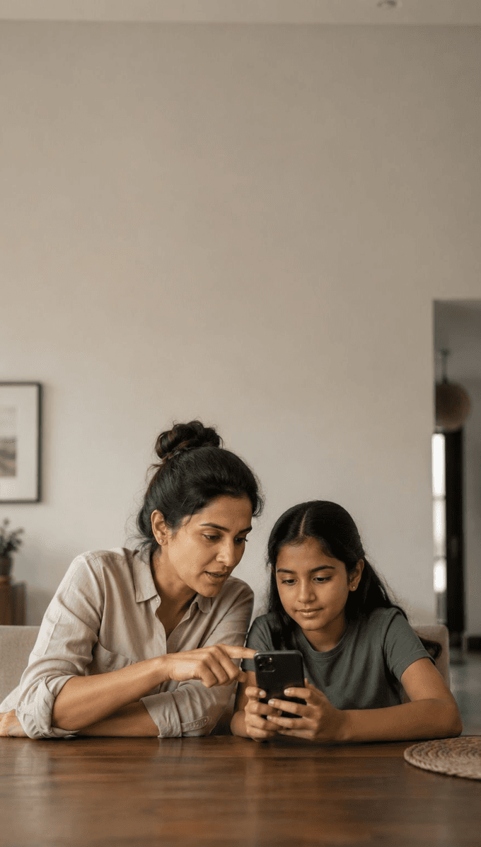 A mother and her daughter looking at a phone together at the dining table