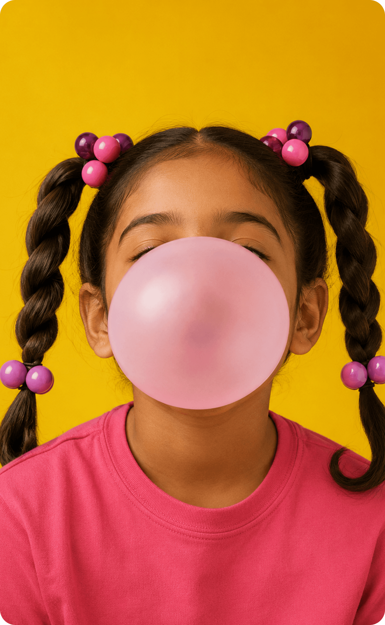 A girl in pigtails blowing a large pink bubblegum bubble