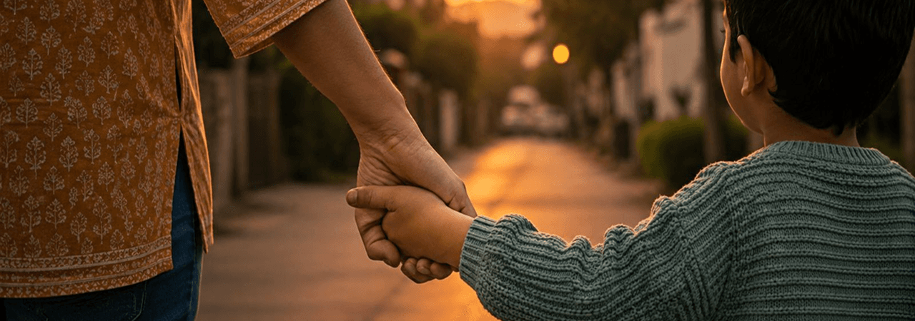 A parent and child holding hands, walking down a quiet street at sunset