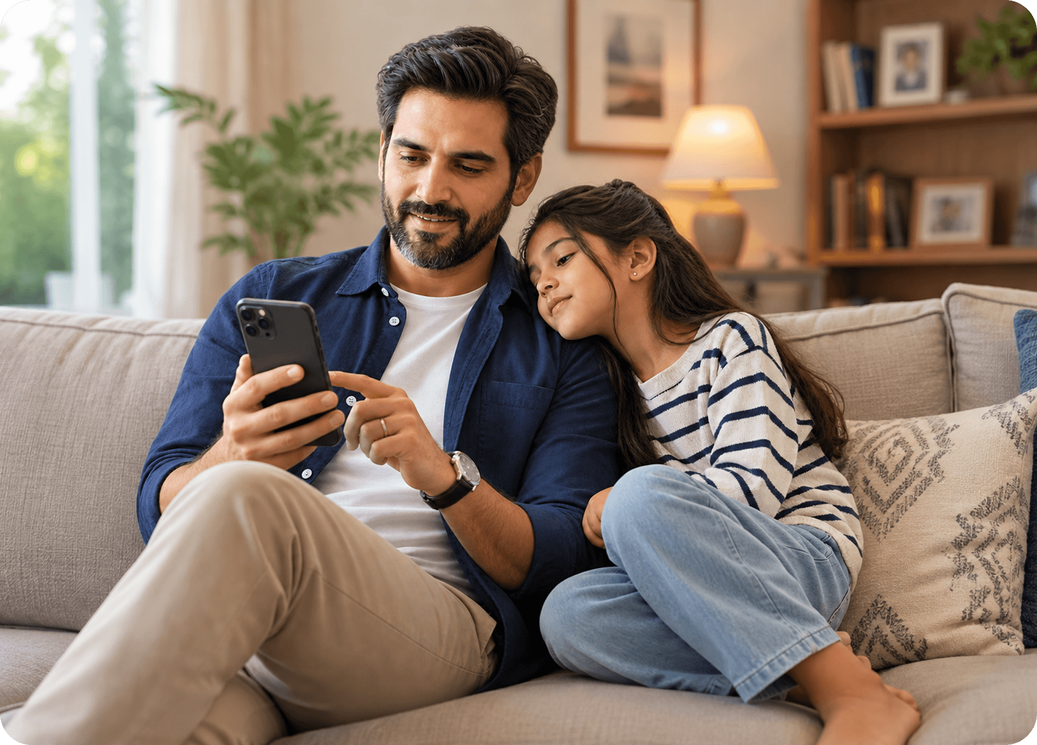 A father and his daughter sitting together on a sofa, looking at his phone